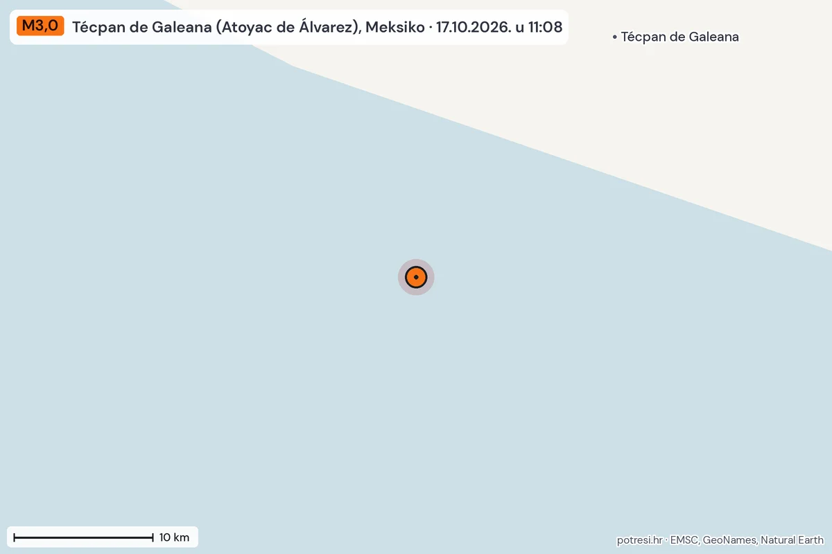 Karta: okolica epicentra, 60 km, potres M3,0, Técpan de Galeana (Atoyac de Álvarez), Meksiko, 17.10.2026.