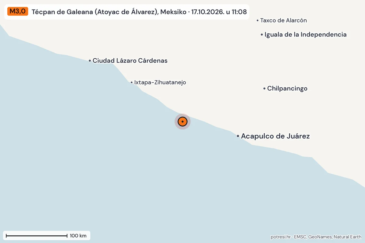 Karta: šire područje, 600 km, potres M3,0, Técpan de Galeana (Atoyac de Álvarez), Meksiko, 17.10.2026.