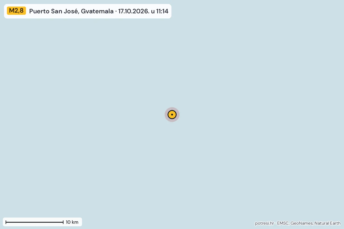 Karta: okolica epicentra, 60 km, potres M2,8, Puerto San José, Gvatemala, 17.10.2026.