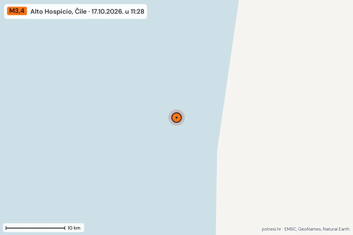 Karta: okolica epicentra, 60 km, potres M3,4, Alto Hospicio, Čile, 17.10.2026.