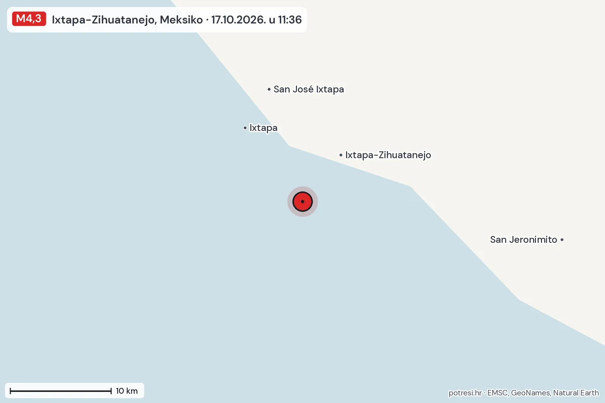 Karta: okolica epicentra, 60 km, potres M4,3, Ixtapa-Zihuatanejo, Meksiko, 17.10.2026.