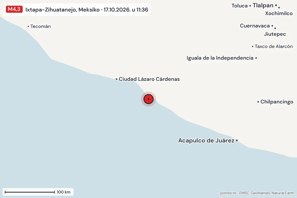 Karta: šire područje, 600 km, potres M4,3, Ixtapa-Zihuatanejo, Meksiko, 17.10.2026.