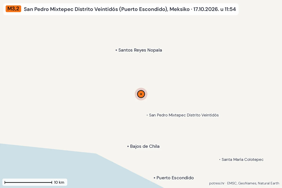 Karta: okolica epicentra, 60 km, potres M3,2, San Pedro Mixtepec Distrito Veintidós (Puerto Escondido), Meksiko, 17.10.2026.