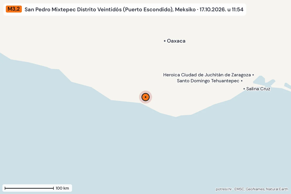 Karta: šire područje, 600 km, potres M3,2, San Pedro Mixtepec Distrito Veintidós (Puerto Escondido), Meksiko, 17.10.2026.