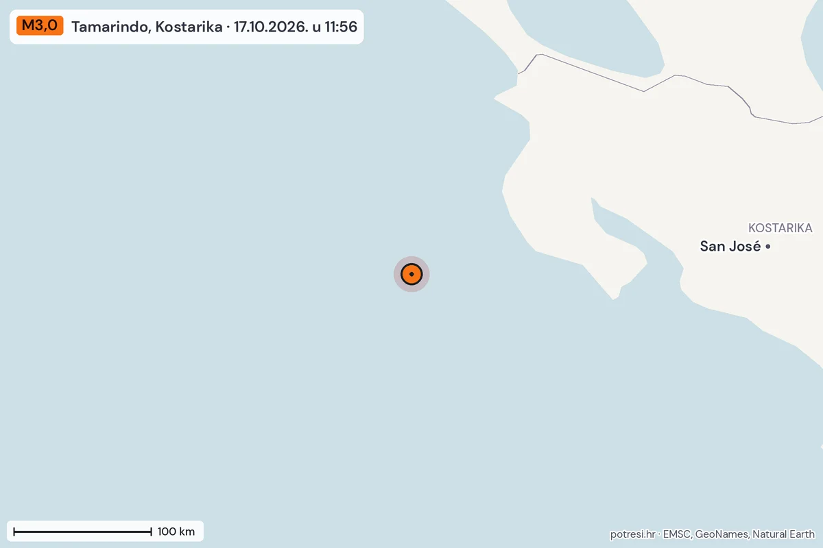 Karta: šire područje, 600 km, potres M3,0, Tamarindo, Kostarika, 17.10.2026.