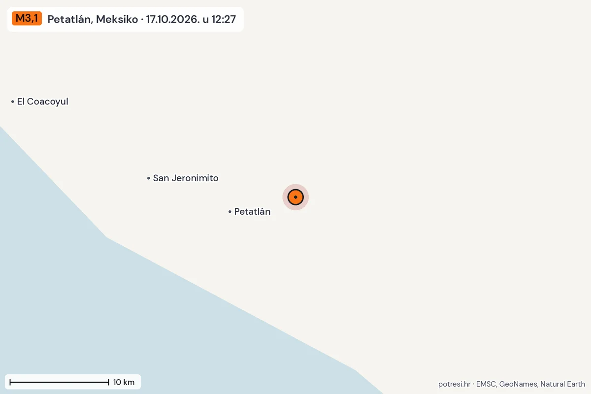 Karta: okolica epicentra, 60 km, potres M3,1, Petatlán, Meksiko, 17.10.2026.