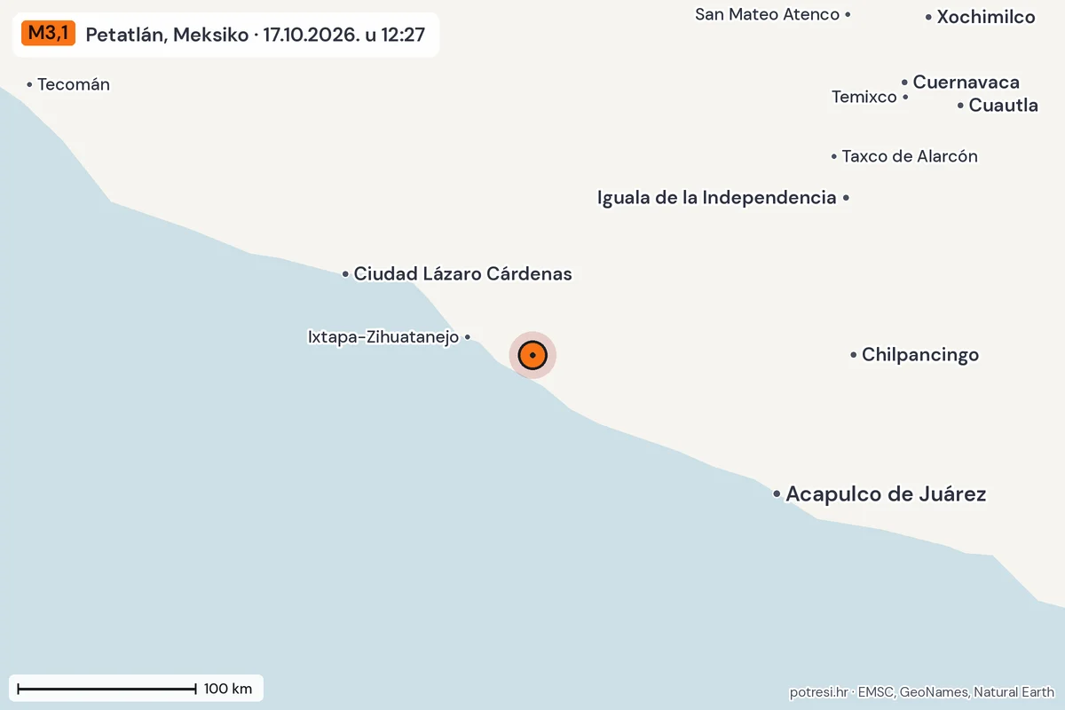 Karta: šire područje, 600 km, potres M3,1, Petatlán, Meksiko, 17.10.2026.