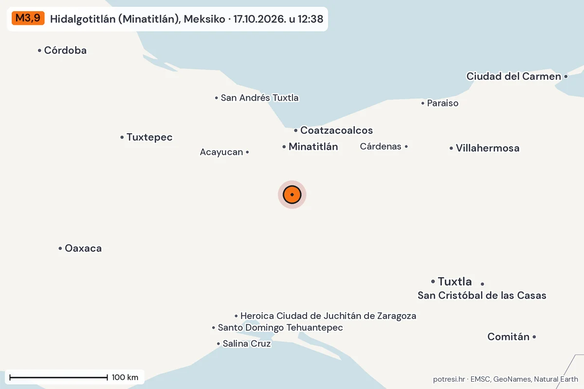 Karta: šire područje, 600 km, potres M3,9, Hidalgotitlán (Minatitlán), Meksiko, 17.10.2026.