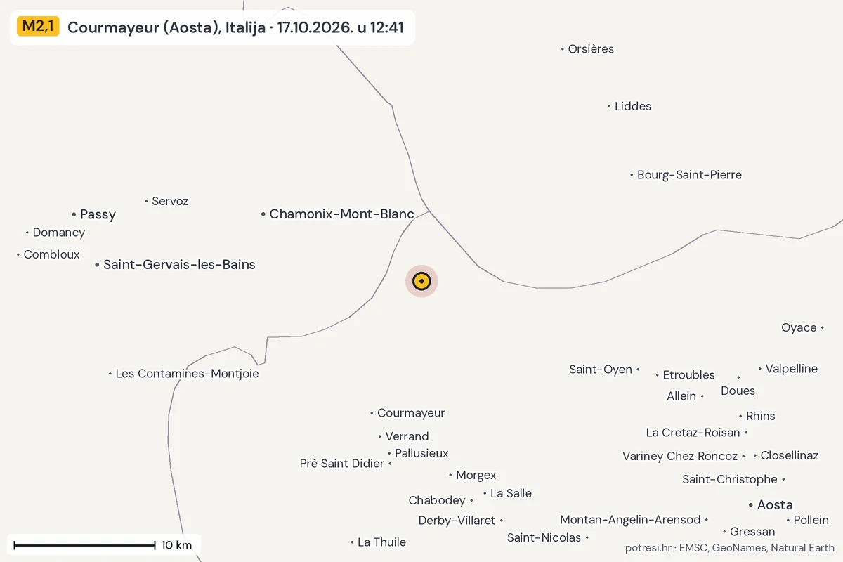 Karta: okolica epicentra, 60 km, potres M2,1, Courmayeur (Aosta), Italija, 17.10.2026.
