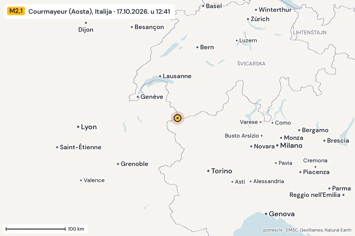 Karta: šire područje, 600 km, potres M2,1, Courmayeur (Aosta), Italija, 17.10.2026.