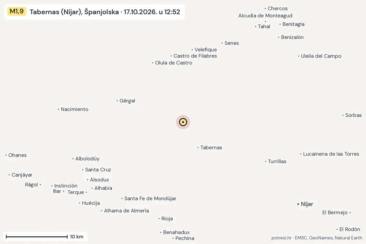 Karta: okolica epicentra, 60 km, potres M1,9, Tabernas (Níjar), Španjolska, 17.10.2026.