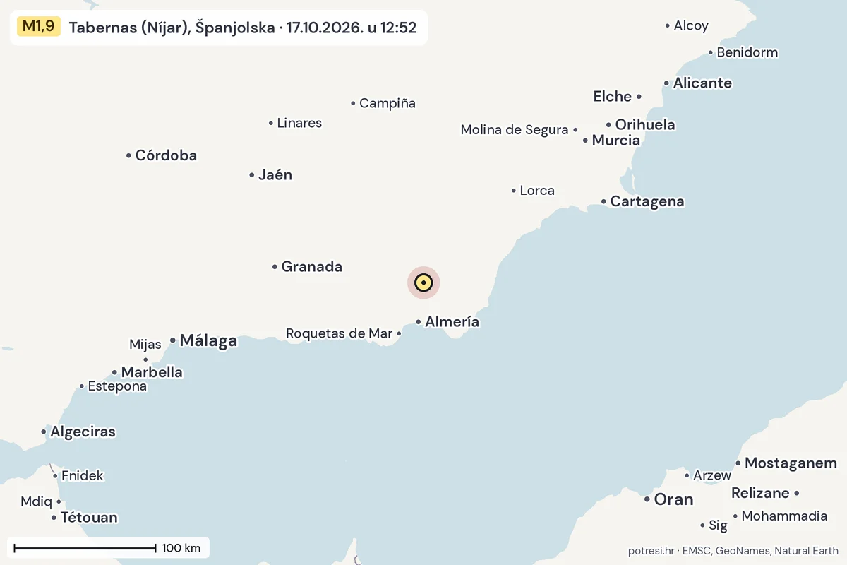 Karta: šire područje, 600 km, potres M1,9, Tabernas (Níjar), Španjolska, 17.10.2026.