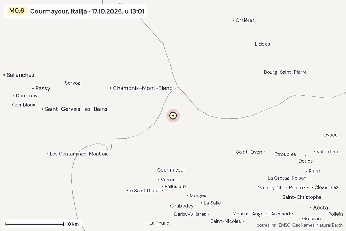 Karta: okolica epicentra, 60 km, potres M0,6, Courmayeur, Italija, 17.10.2026.