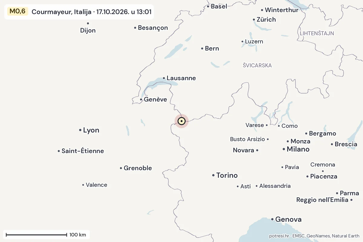 Karta: šire područje, 600 km, potres M0,6, Courmayeur, Italija, 17.10.2026.