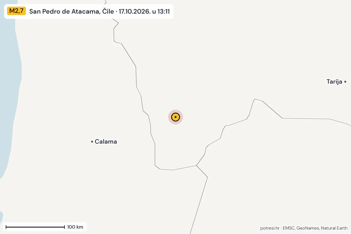 Karta: šire područje, 600 km, potres M2,7, San Pedro de Atacama, Čile, 17.10.2026.