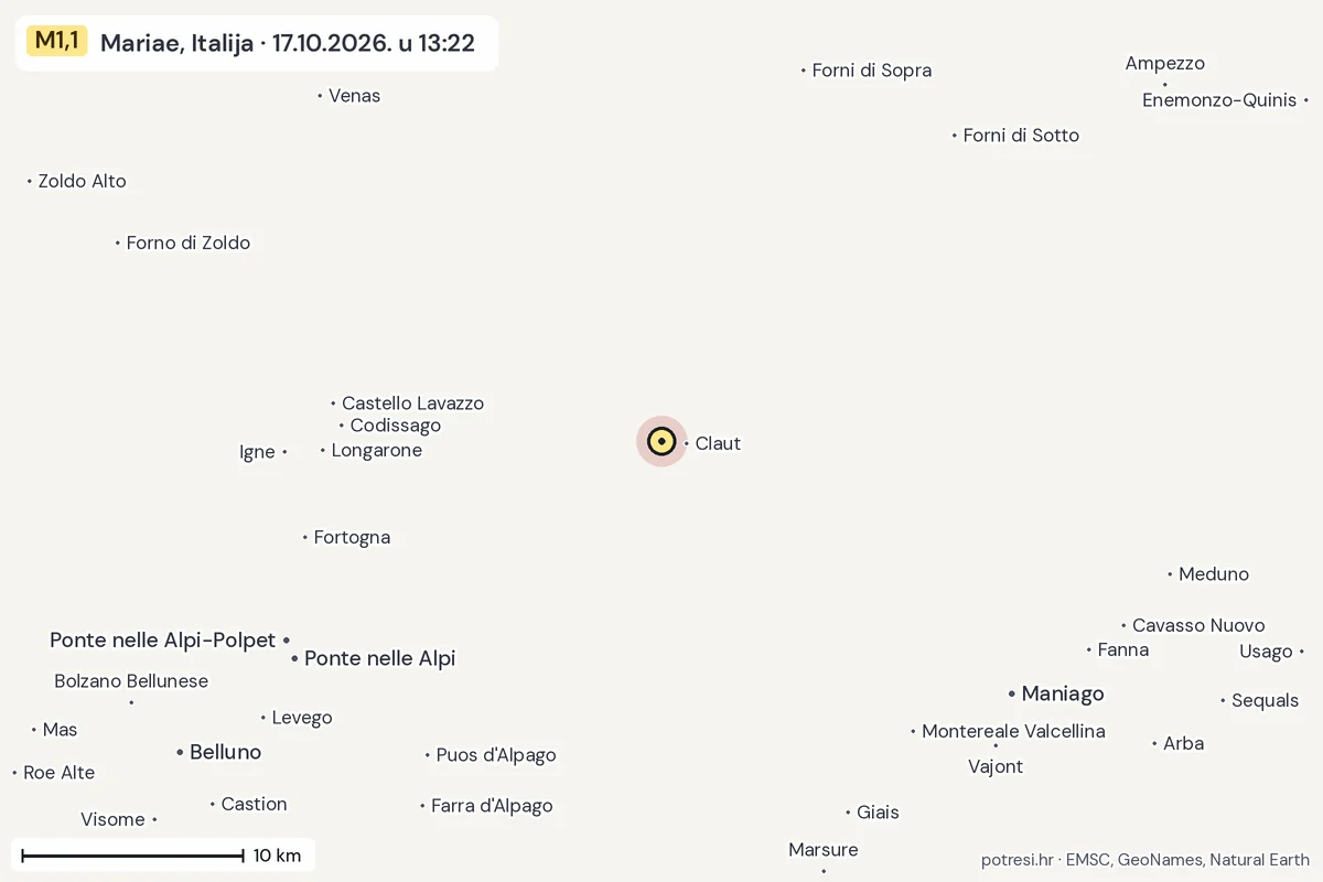 Karta: okolica epicentra, 60 km, potres M1,1, Mariae, Italija, 17.10.2026.