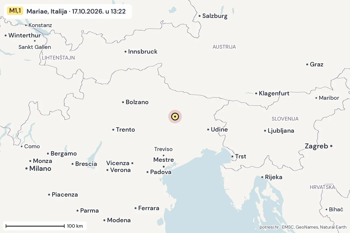 Karta: šire područje, 600 km, potres M1,1, Mariae, Italija, 17.10.2026.
