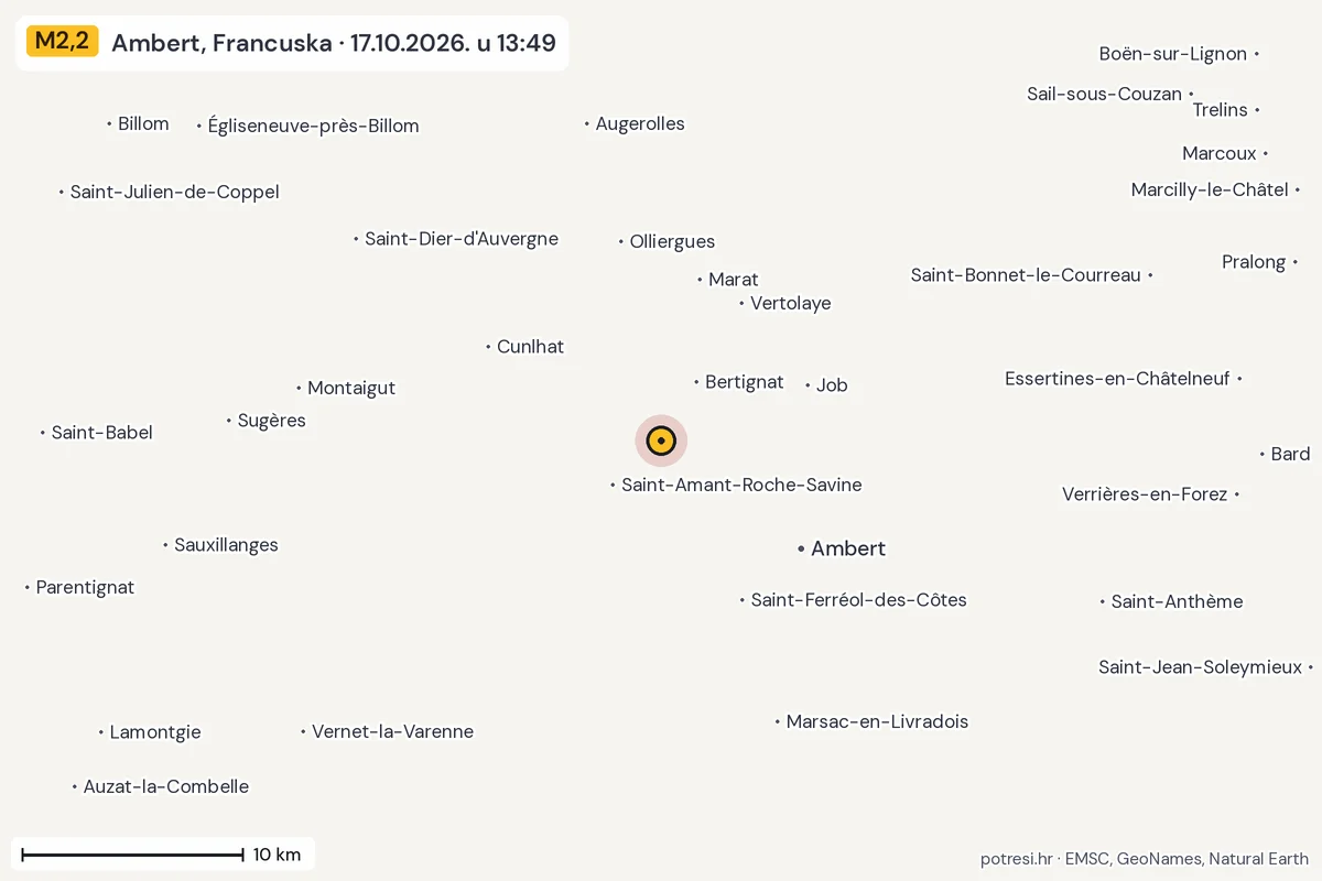 Karta: okolica epicentra, 60 km, potres M2,2, Ambert, Francuska, 17.10.2026.