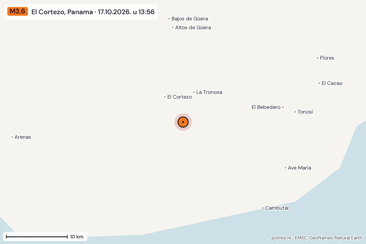 Karta: okolica epicentra, 60 km, potres M3,6, El Cortezo, Panama, 17.10.2026.