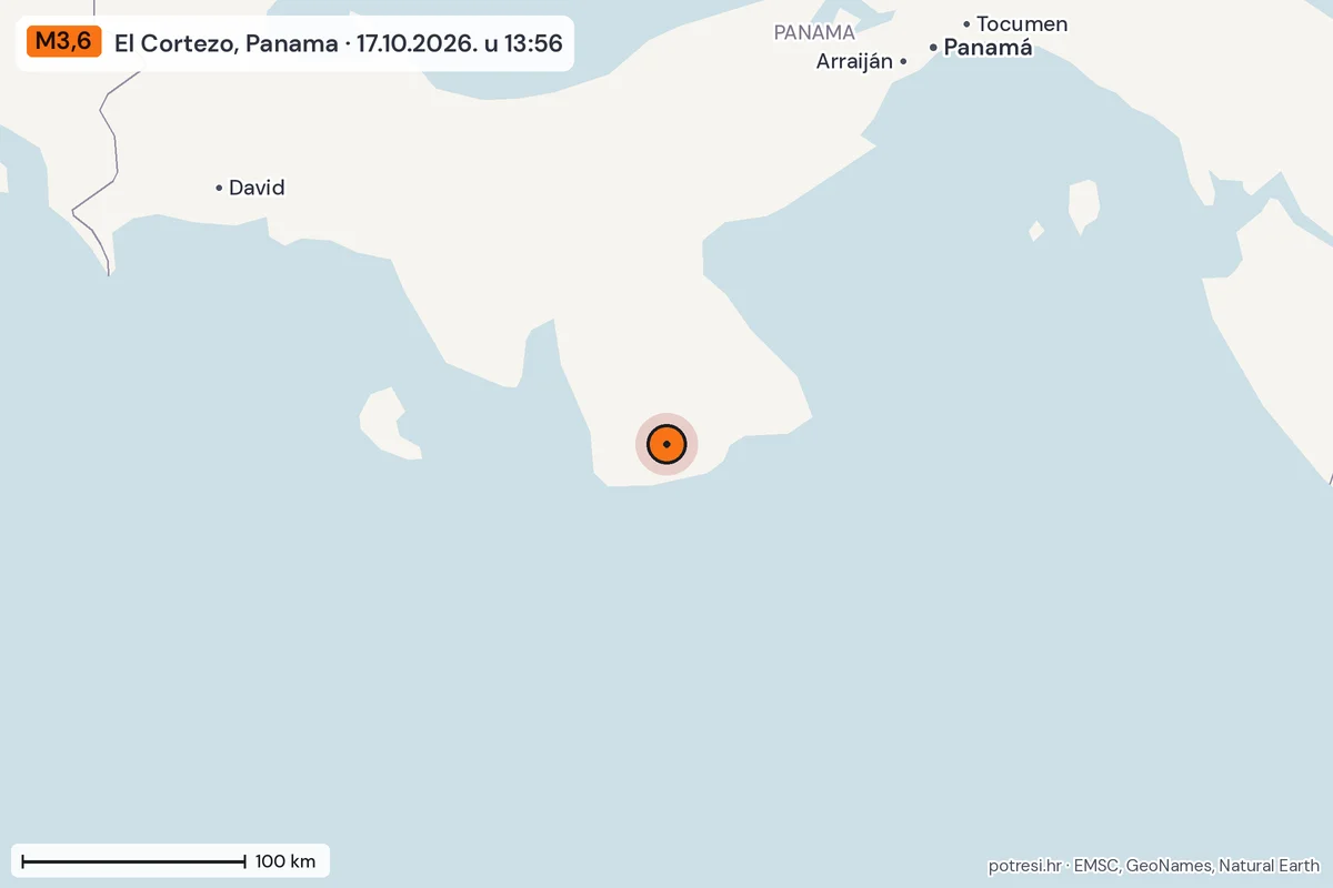 Karta: šire područje, 600 km, potres M3,6, El Cortezo, Panama, 17.10.2026.