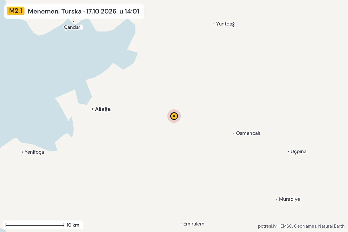 Karta: okolica epicentra, 60 km, potres M2,1, Menemen, Turska, 17.10.2026.