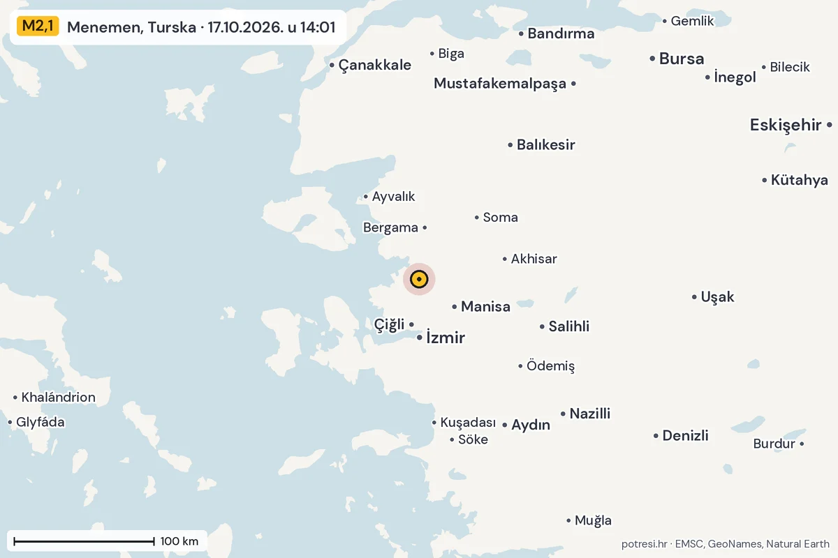 Karta: šire područje, 600 km, potres M2,1, Menemen, Turska, 17.10.2026.