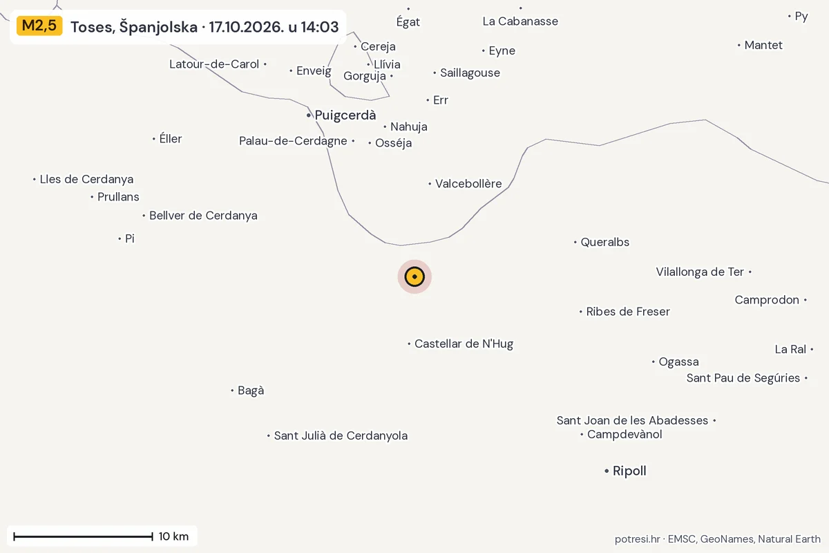 Karta: okolica epicentra, 60 km, potres M2,5, Toses, Španjolska, 17.10.2026.