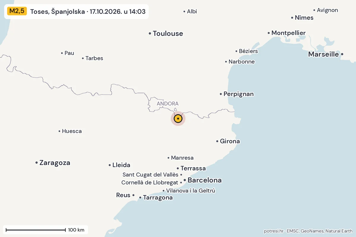 Karta: šire područje, 600 km, potres M2,5, Toses, Španjolska, 17.10.2026.
