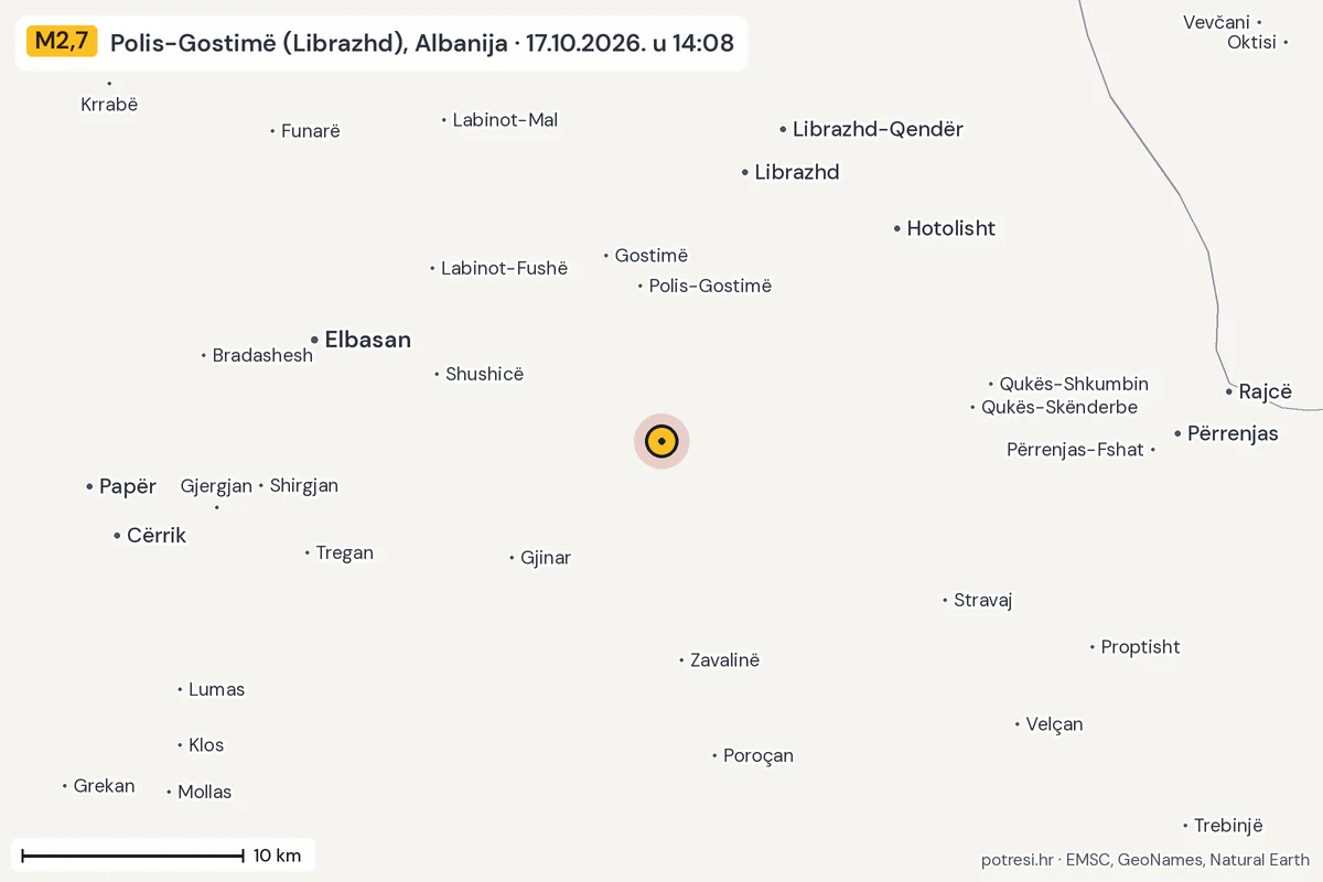 Karta: okolica epicentra, 60 km, potres M2,7, Polis-Gostimë (Librazhd), Albanija, 17.10.2026.