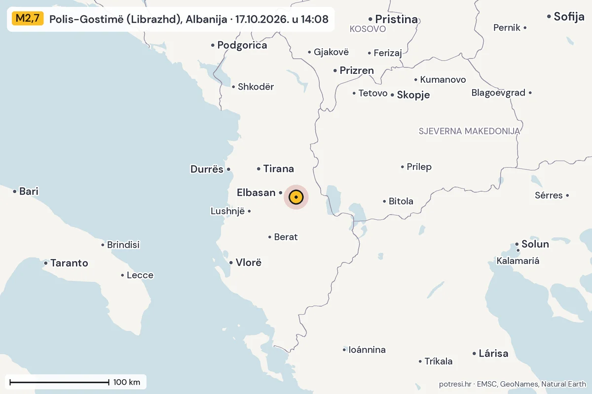 Karta: šire područje, 600 km, potres M2,7, Polis-Gostimë (Librazhd), Albanija, 17.10.2026.