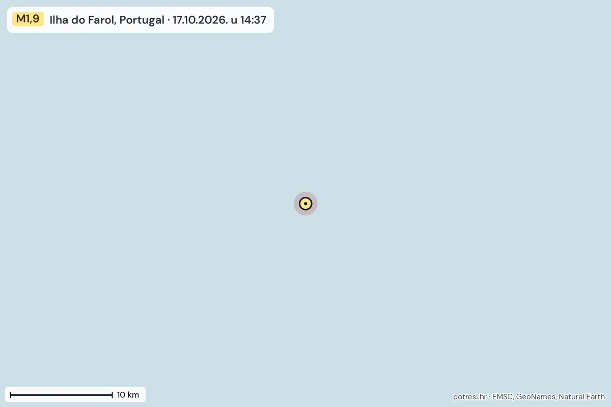 Karta: okolica epicentra, 60 km, potres M1,9, Ilha do Farol, Portugal, 17.10.2026.