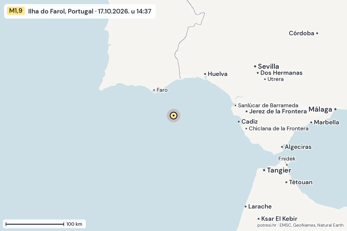 Karta: šire područje, 600 km, potres M1,9, Ilha do Farol, Portugal, 17.10.2026.