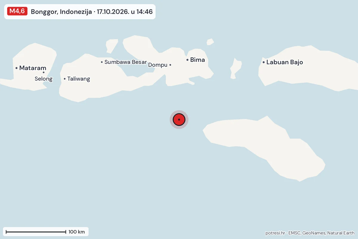 Karta: šire područje, 600 km, potres M4,6, Bonggor, Indonezija, 17.10.2026.