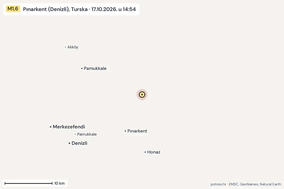 Karta: okolica epicentra, 60 km, potres M1,6, Pınarkent (Denizli), Turska, 17.10.2026.