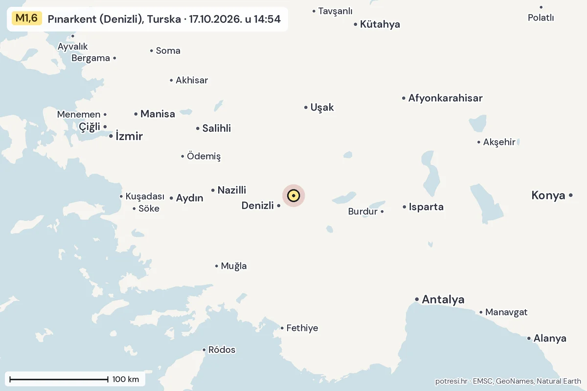Karta: šire područje, 600 km, potres M1,6, Pınarkent (Denizli), Turska, 17.10.2026.
