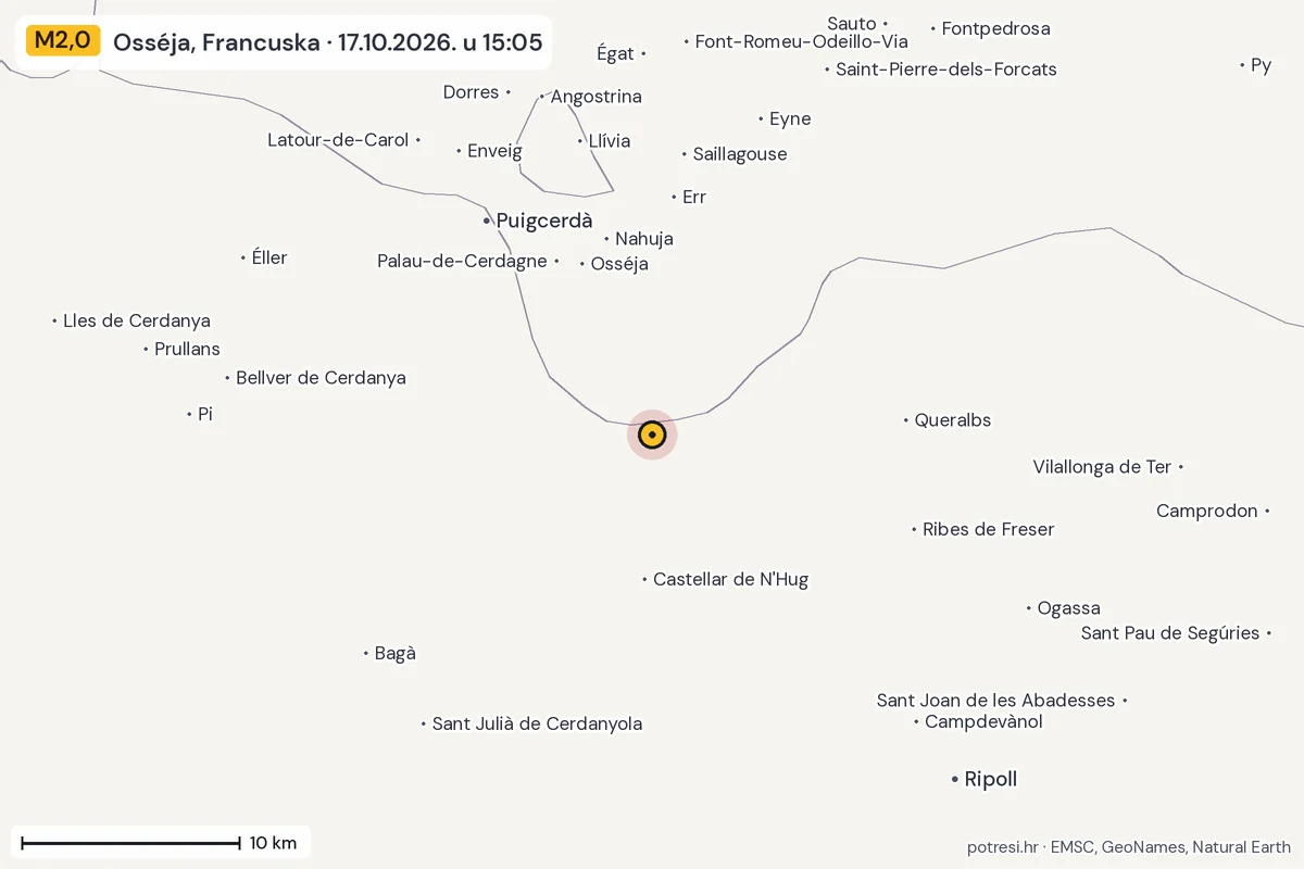 Karta: okolica epicentra, 60 km, potres M2,0, Osséja, Francuska, 17.10.2026.