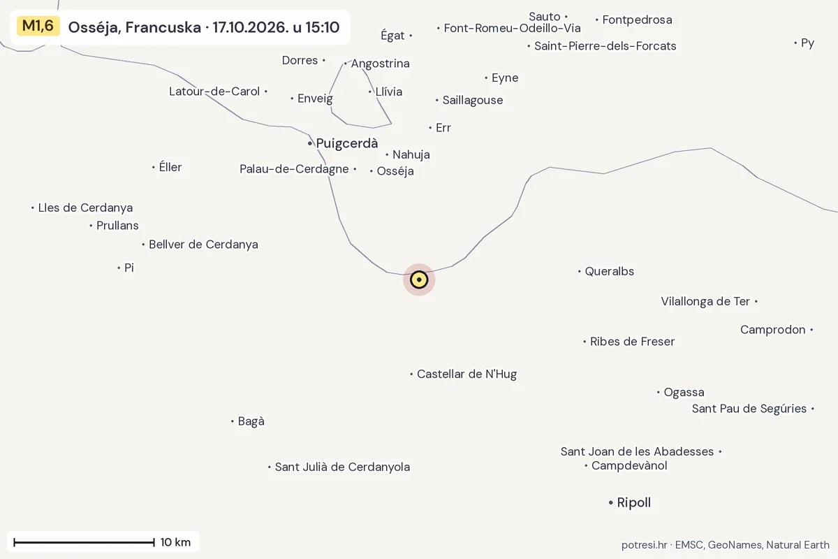 Karta: okolica epicentra, 60 km, potres M1,6, Osséja, Francuska, 17.10.2026.