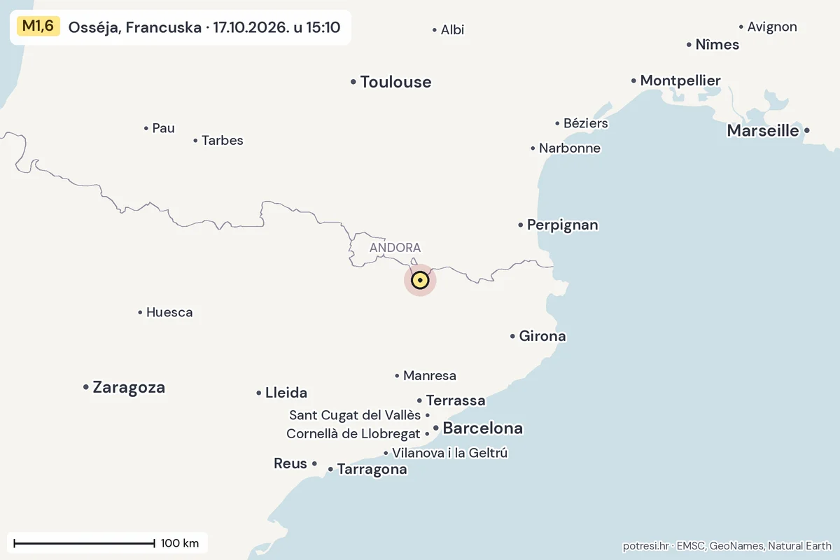 Karta: šire područje, 600 km, potres M1,6, Osséja, Francuska, 17.10.2026.