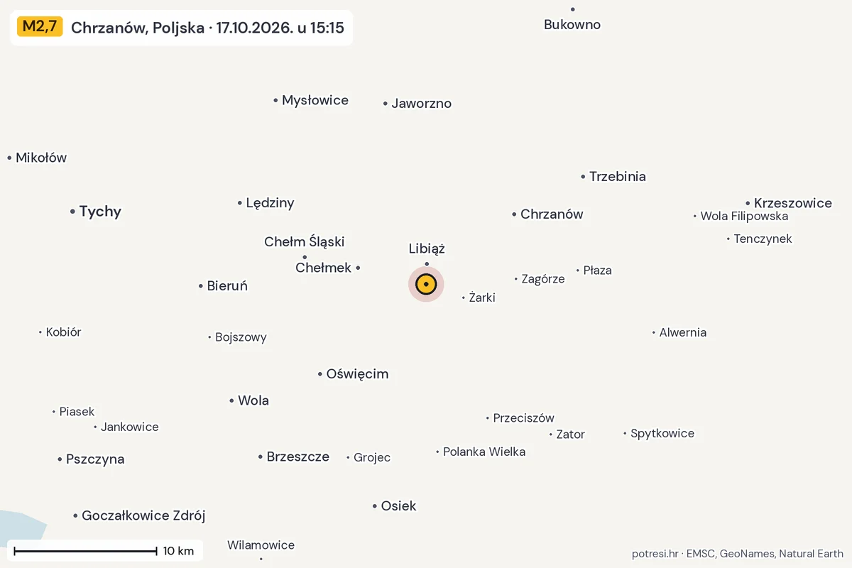 Karta: okolica epicentra, 60 km, potres M2,7, Chrzanów, Poljska, 17.10.2026.