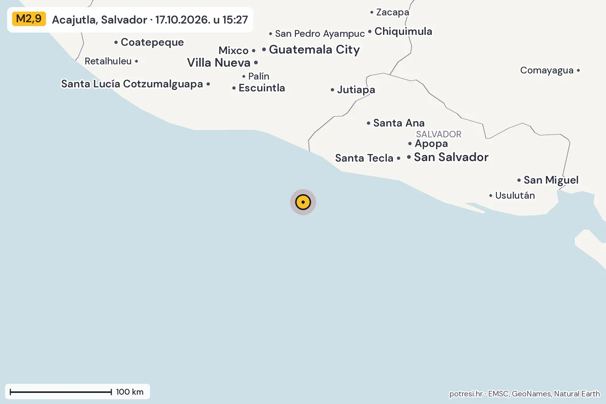 Karta: šire područje, 600 km, potres M2,9, Acajutla, Salvador, 17.10.2026.