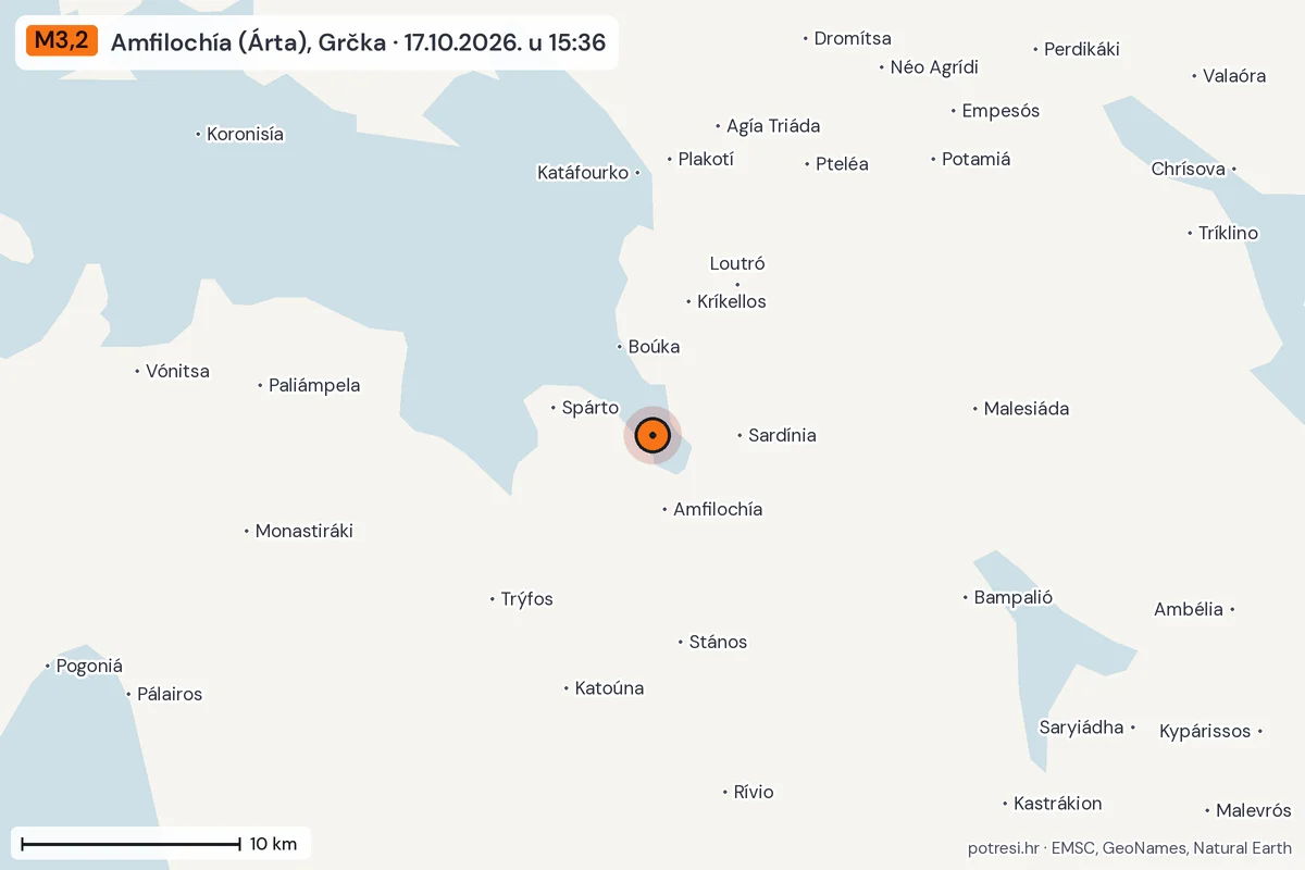 Karta: okolica epicentra, 60 km, potres M3,2, Amfilochía (Árta), Grčka, 17.10.2026.