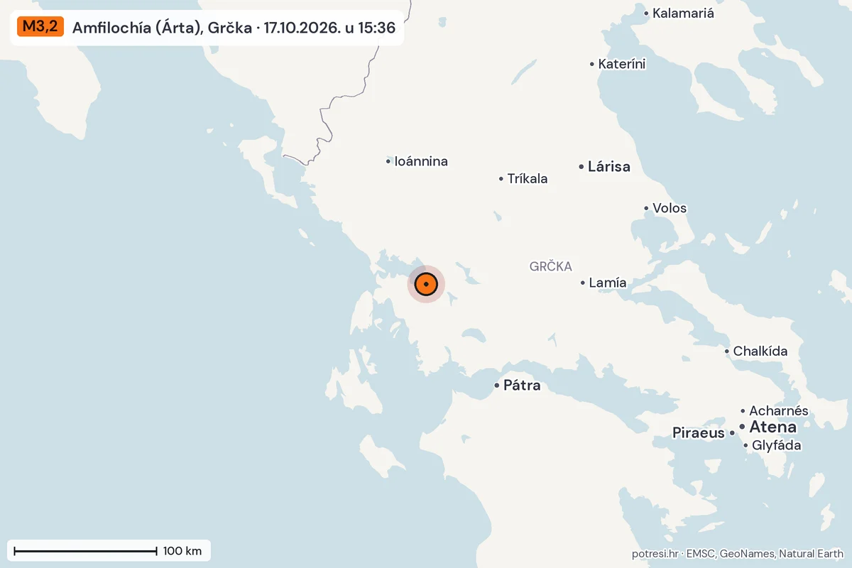 Karta: šire područje, 600 km, potres M3,2, Amfilochía (Árta), Grčka, 17.10.2026.