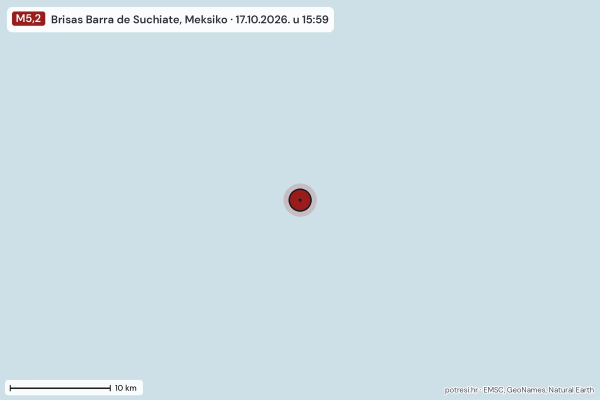 Karta: okolica epicentra, 60 km, potres M5,2, Brisas Barra de Suchiate, Meksiko, 17.10.2026.