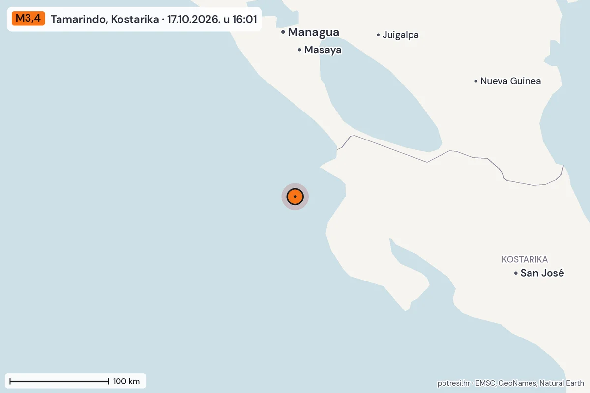 Karta: šire područje, 600 km, potres M3,4, Tamarindo, Kostarika, 17.10.2026.