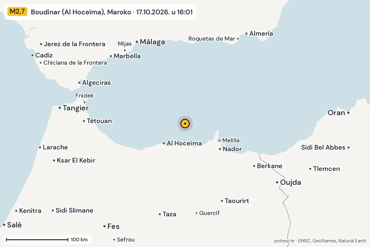 Karta: šire područje, 600 km, potres M2,7, Boudinar (Al Hoceïma), Maroko, 17.10.2026.