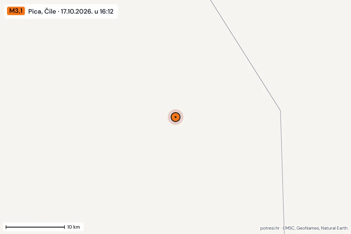 Karta: okolica epicentra, 60 km, potres M3,1, Pica, Čile, 17.10.2026.