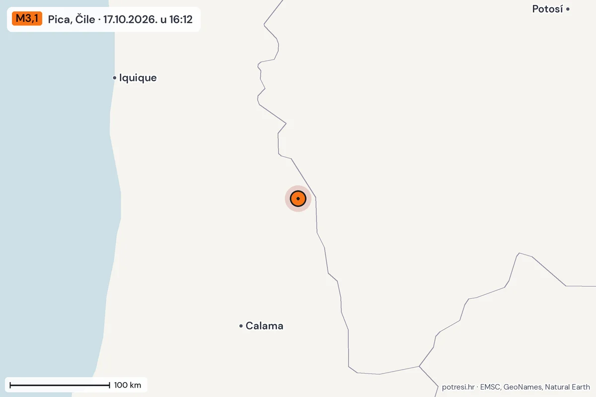 Karta: šire područje, 600 km, potres M3,1, Pica, Čile, 17.10.2026.