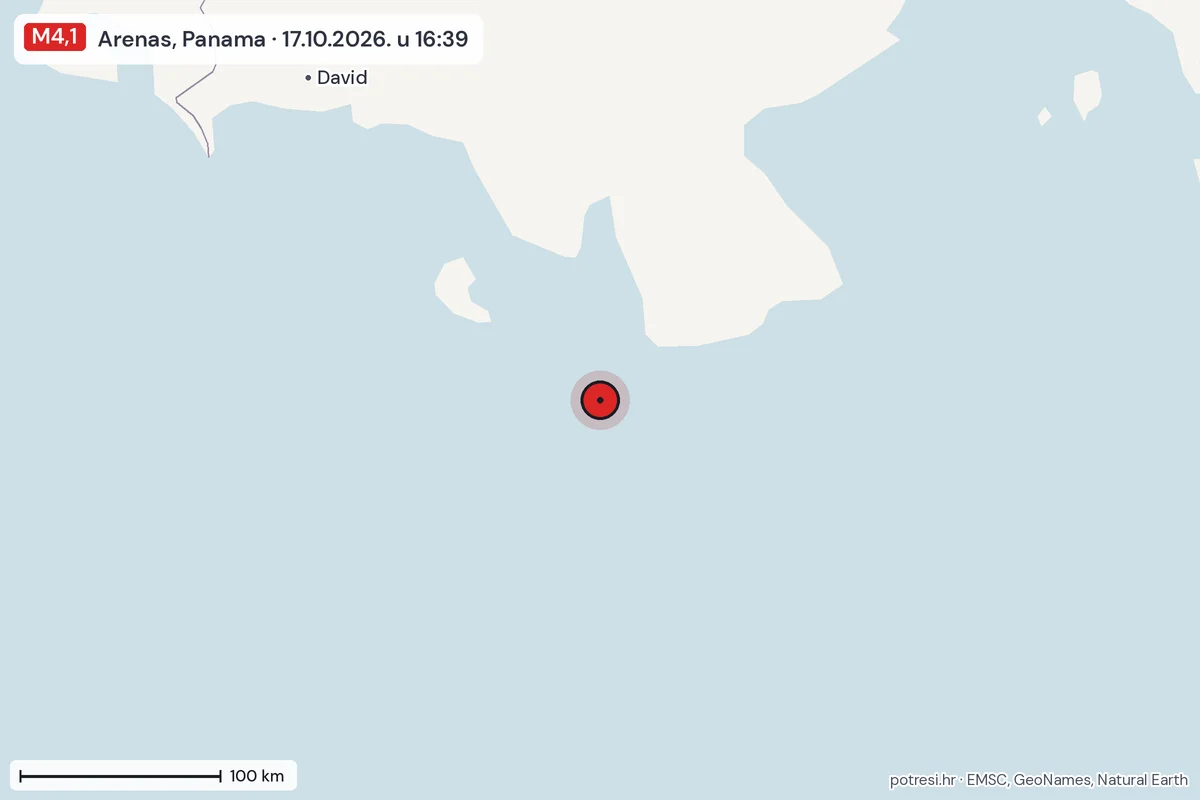 Karta: šire područje, 600 km, potres M4,1, Arenas, Panama, 17.10.2026.