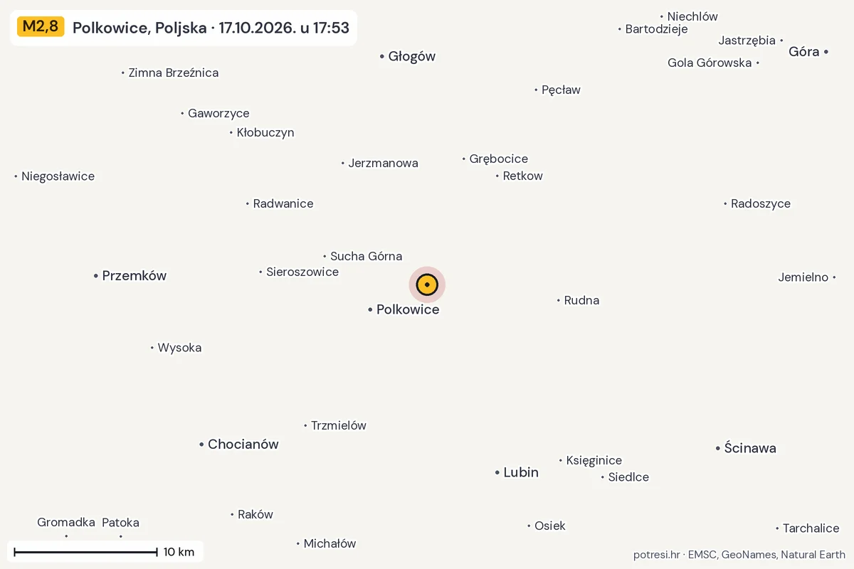 Karta: okolica epicentra, 60 km, potres M2,8, Polkowice, Poljska, 17.10.2026.