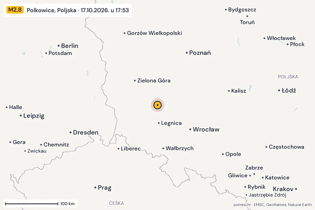 Karta: šire područje, 600 km, potres M2,8, Polkowice, Poljska, 17.10.2026.